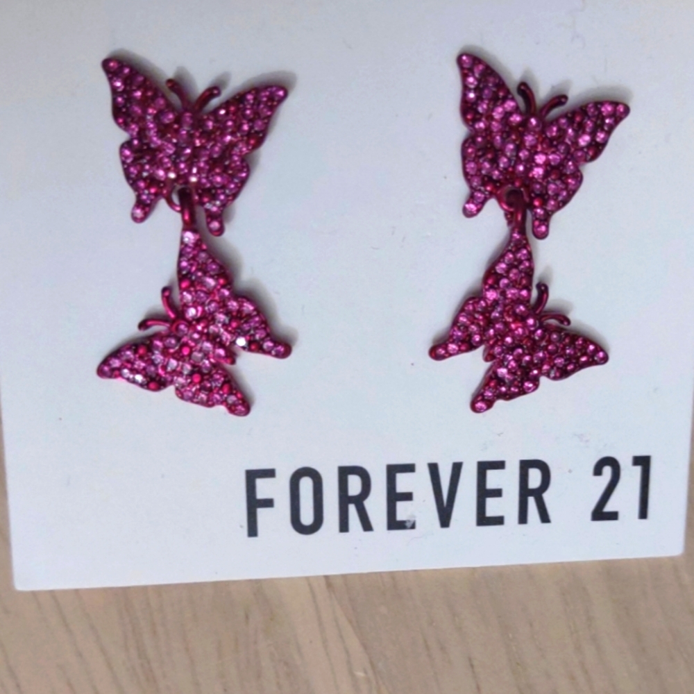 Forever 21 y2k Butterfly Pink Crystal Metal Dandle Stud Earrings